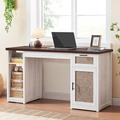 Bureau de direction style farmhouse, bureau de travail pour la maison, tiroir à dossiers, support de moniteur, prise de courant.