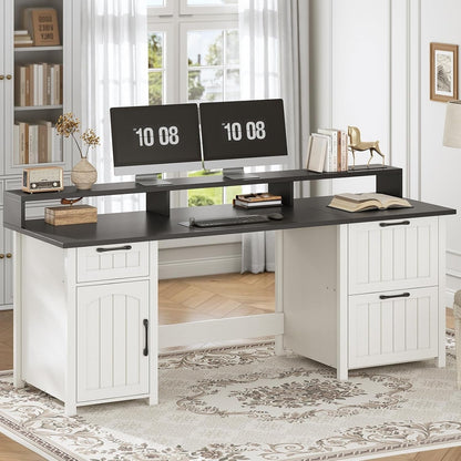 Bureau de direction style farmhouse, bureau de travail pour la maison, tiroir à dossiers, support de moniteur, prise de courant.