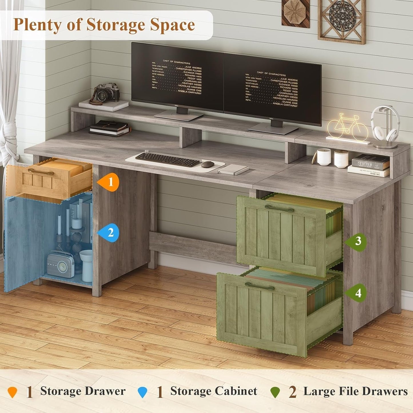 Bureau de direction style farmhouse, bureau de travail pour la maison, tiroir à dossiers, support de moniteur, prise de courant.