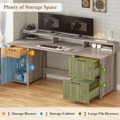 Bureau de direction style farmhouse, bureau de travail pour la maison, tiroir à dossiers, support de moniteur, prise de courant.