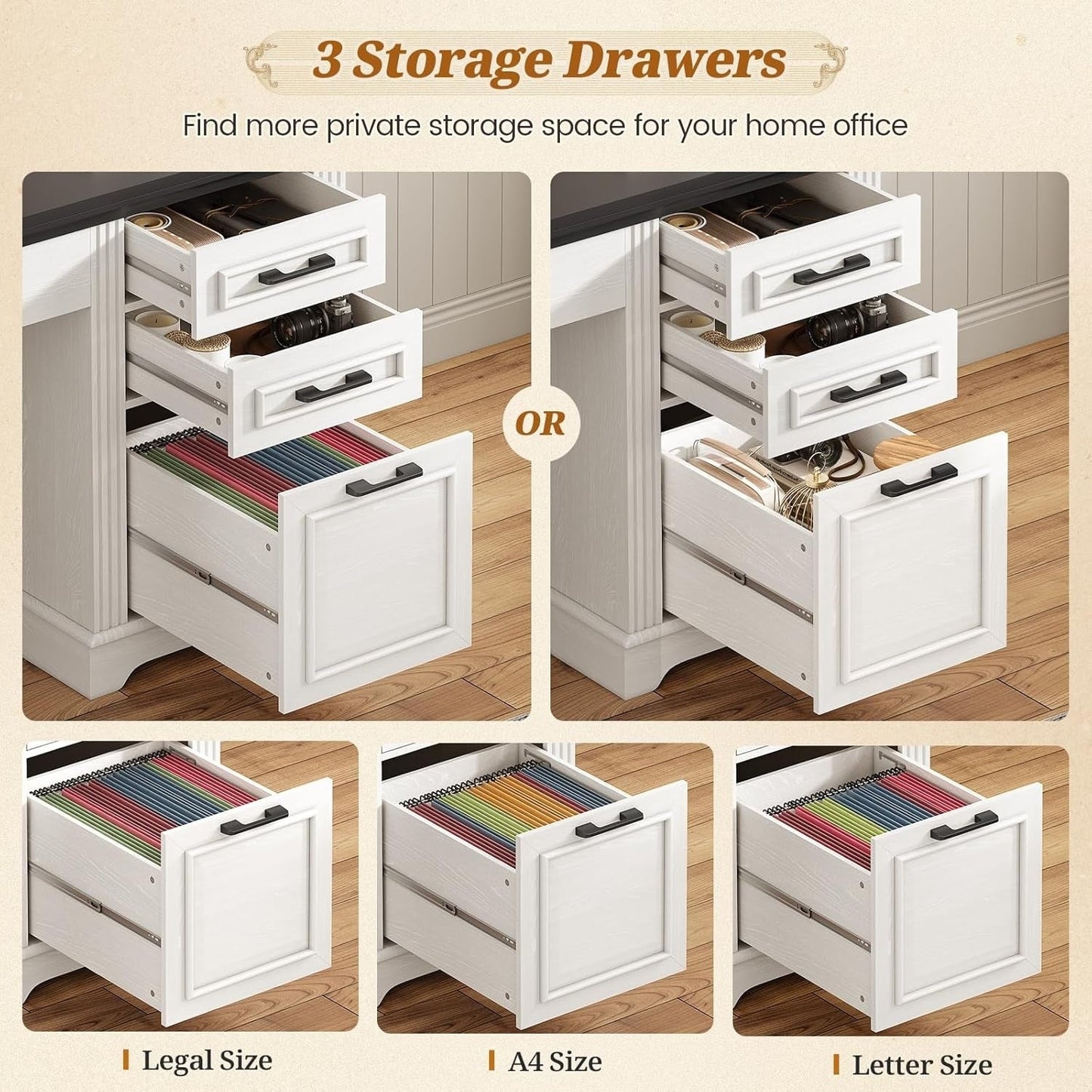 Bureau de direction style farmhouse, bureau de travail pour la maison, tiroir à dossiers, support de moniteur, prise de courant.