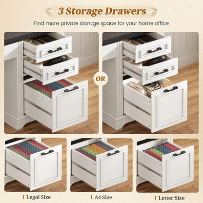 Bureau de direction style farmhouse, bureau de travail pour la maison, tiroir à dossiers, support de moniteur, prise de courant.