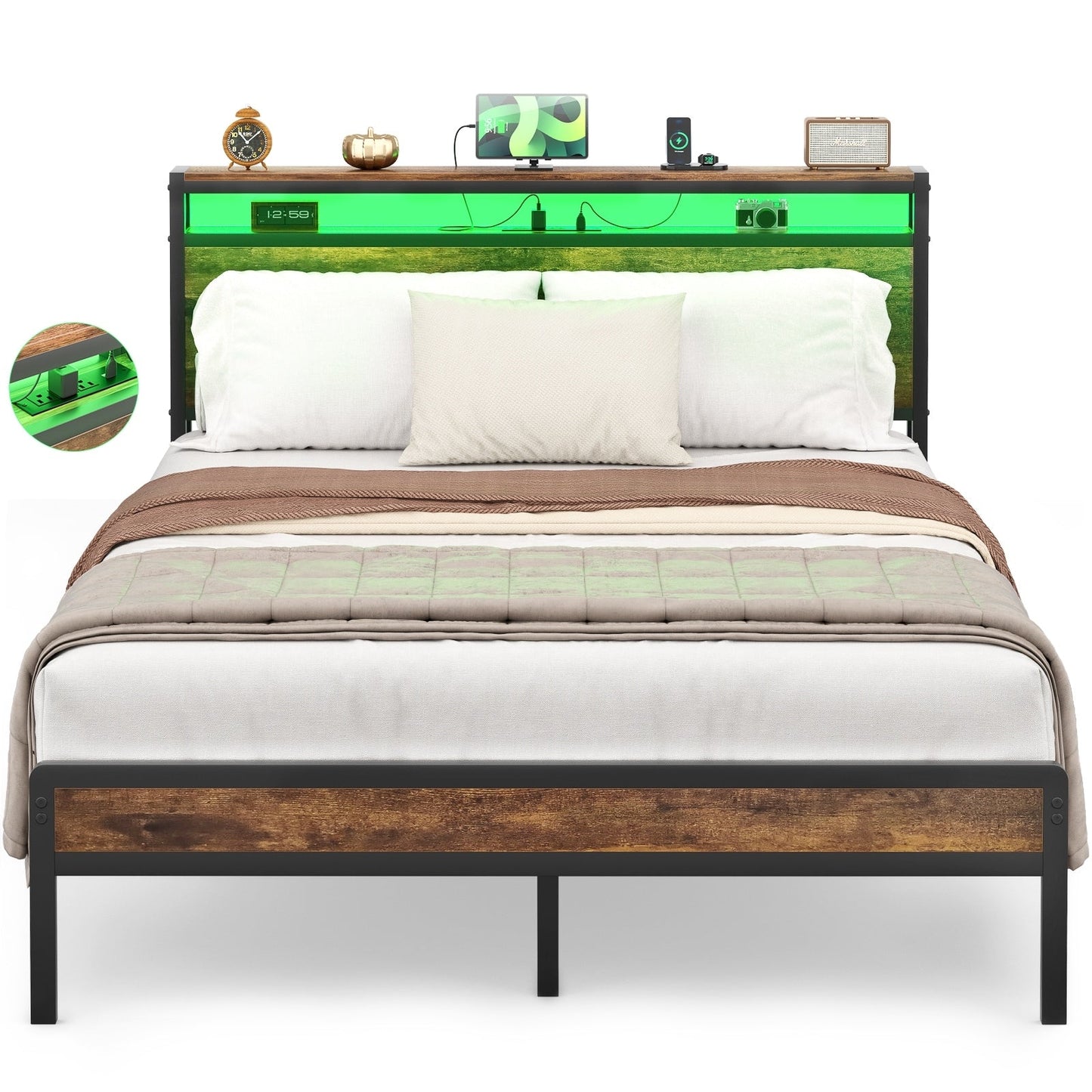 Cadre de lit plateforme en bois de style farmhouse avec station de recharge et lumières LED