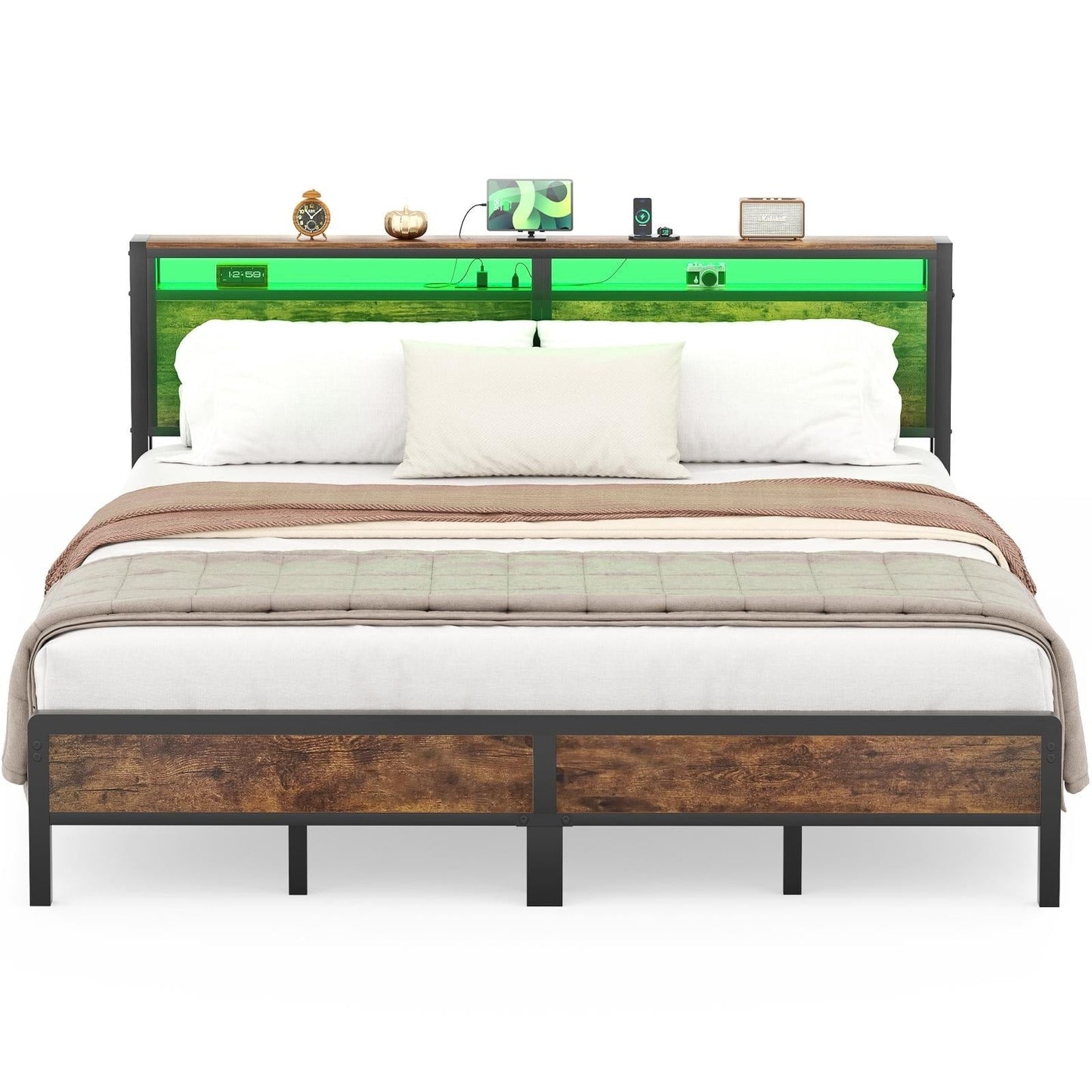Cadre de lit plateforme en bois de style farmhouse avec station de recharge et lumières LED