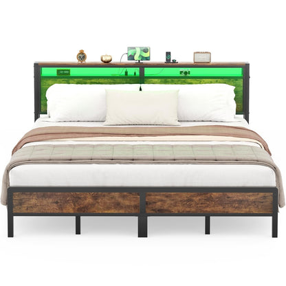 Cadre de lit plateforme en bois de style farmhouse avec station de recharge et lumières LED