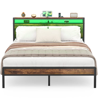 Cadre de lit plateforme en bois de style farmhouse avec station de recharge et lumières LED