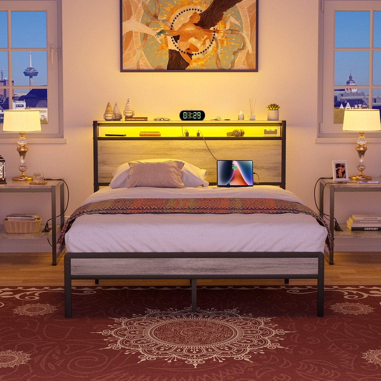 Cadre de lit plateforme en bois de style farmhouse avec station de recharge et lumières LED