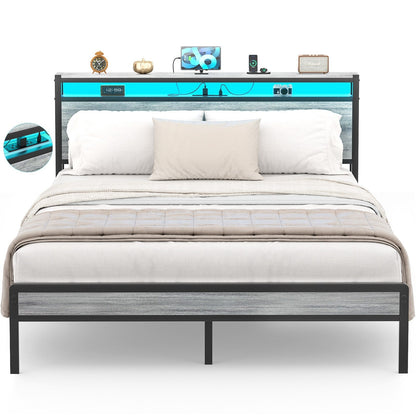 Cadre de lit plateforme en bois de style farmhouse avec station de recharge et lumières LED