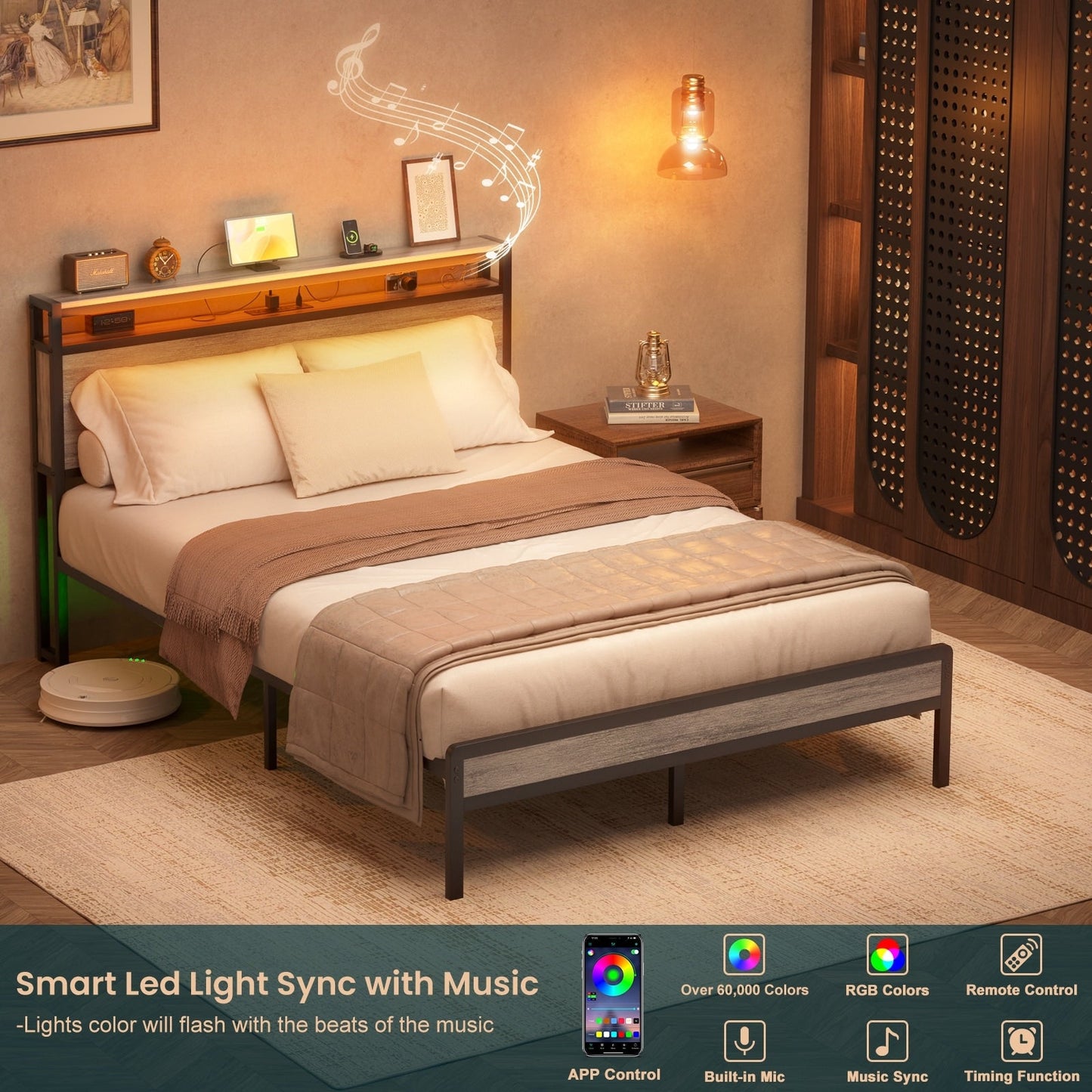 Cadre de lit plateforme en bois de style farmhouse avec station de recharge et lumières LED