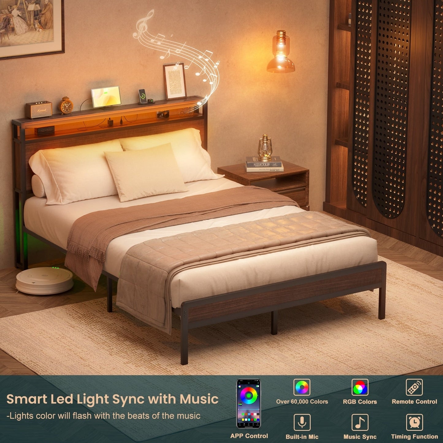 Cadre de lit plateforme en bois de style farmhouse avec station de recharge et lumières LED