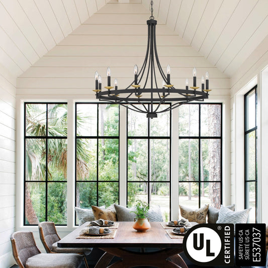 Luminaire à 12 lumières Fidenza, style ferme moderne, en forme de roue de chariot d'empire, avec certification UL - Diamètre 40'' * Hauteur 135''