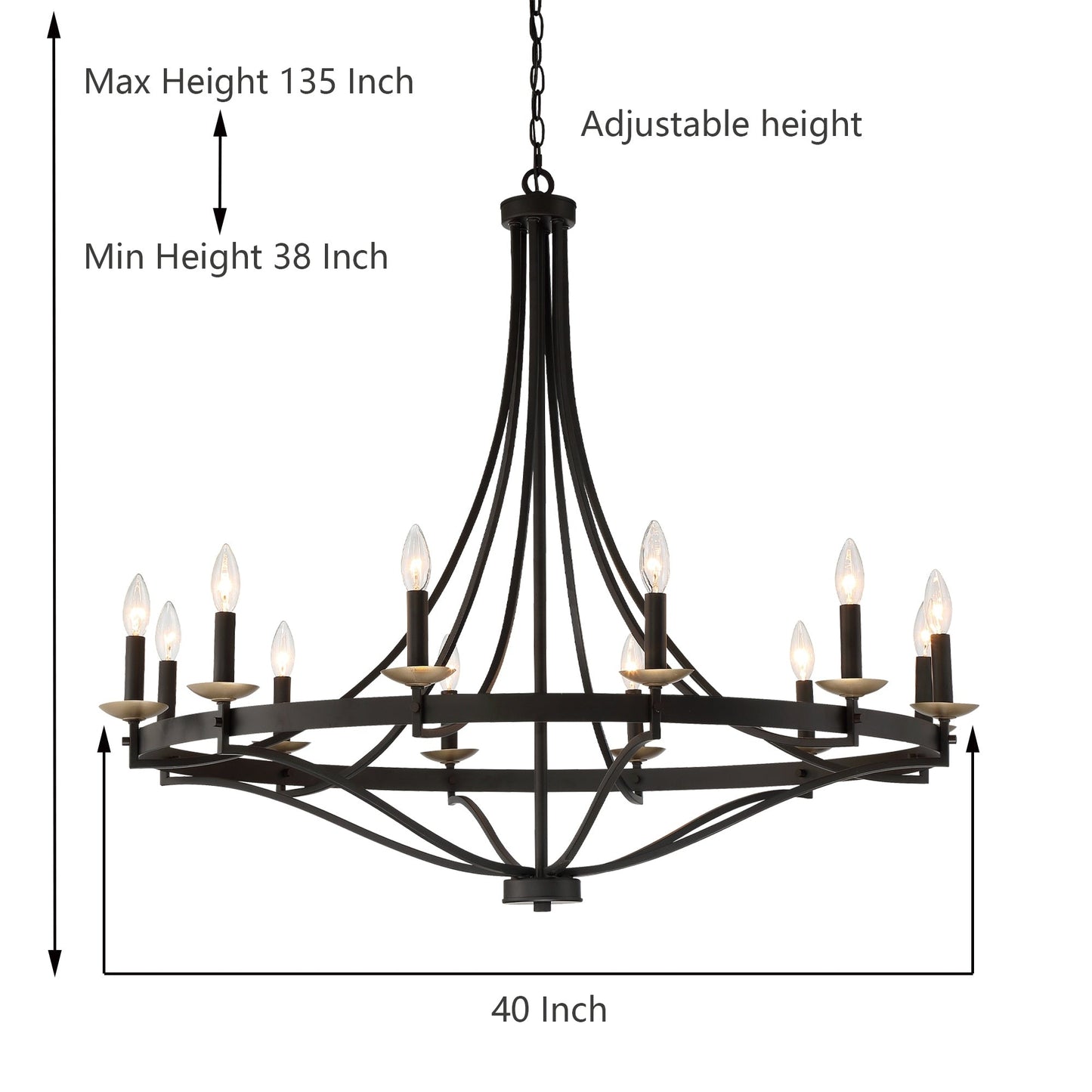 Luminaire à 12 lumières Fidenza, style ferme moderne, en forme de roue de chariot d'empire, avec certification UL - Diamètre 40'' * Hauteur 135''
