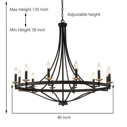 Luminaire à 12 lumières Fidenza, style ferme moderne, en forme de roue de chariot d'empire, avec certification UL - Diamètre 40'' * Hauteur 135''