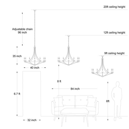 Luminaire à 12 lumières Fidenza, style ferme moderne, en forme de roue de chariot d'empire, avec certification UL - Diamètre 40'' * Hauteur 135''