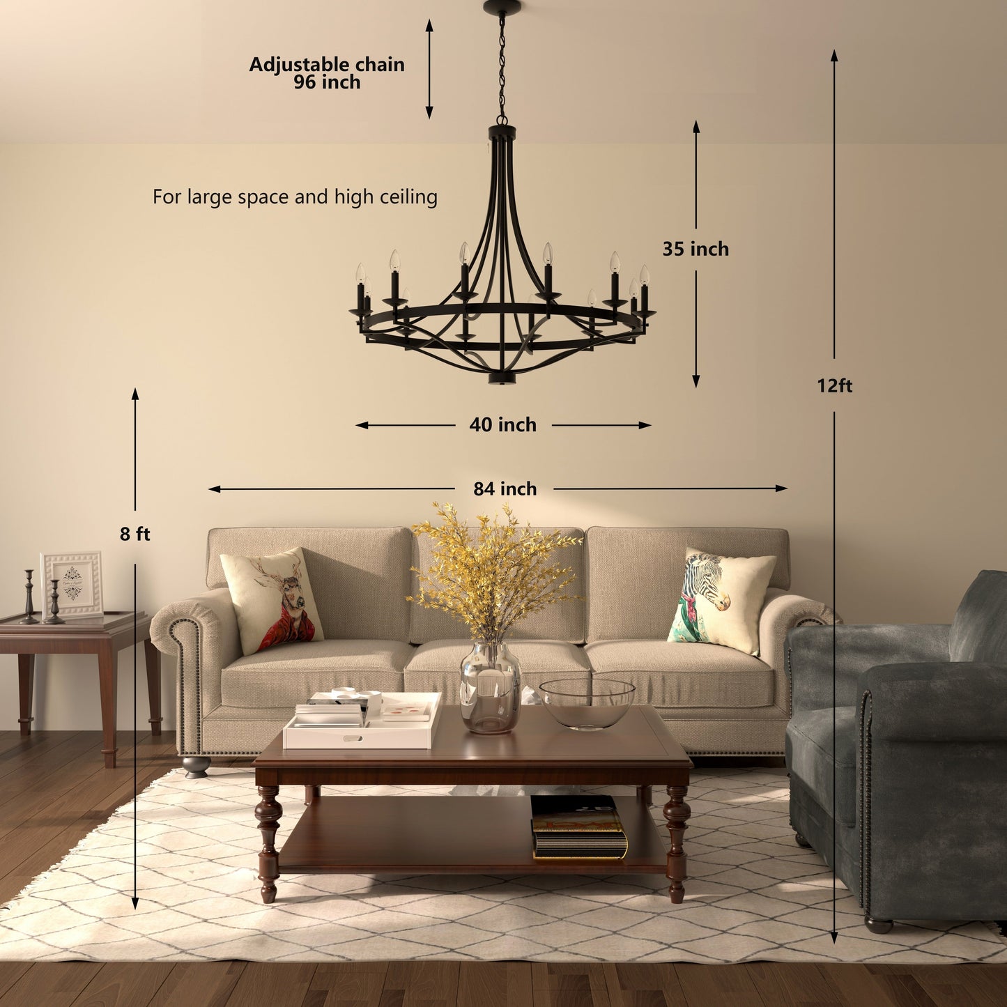Luminaire à 12 lumières Fidenza, style ferme moderne, en forme de roue de chariot d'empire, avec certification UL - Diamètre 40'' * Hauteur 135''