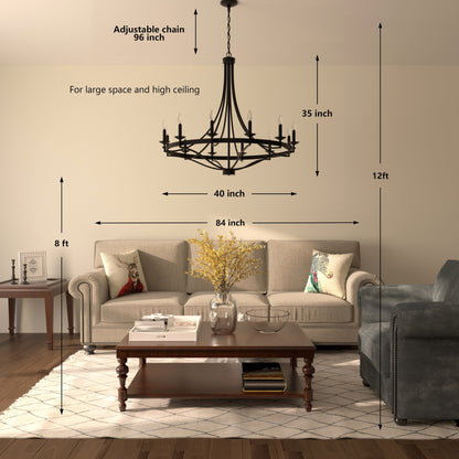 Luminaire à 12 lumières Fidenza, style ferme moderne, en forme de roue de chariot d'empire, avec certification UL - Diamètre 40'' * Hauteur 135''