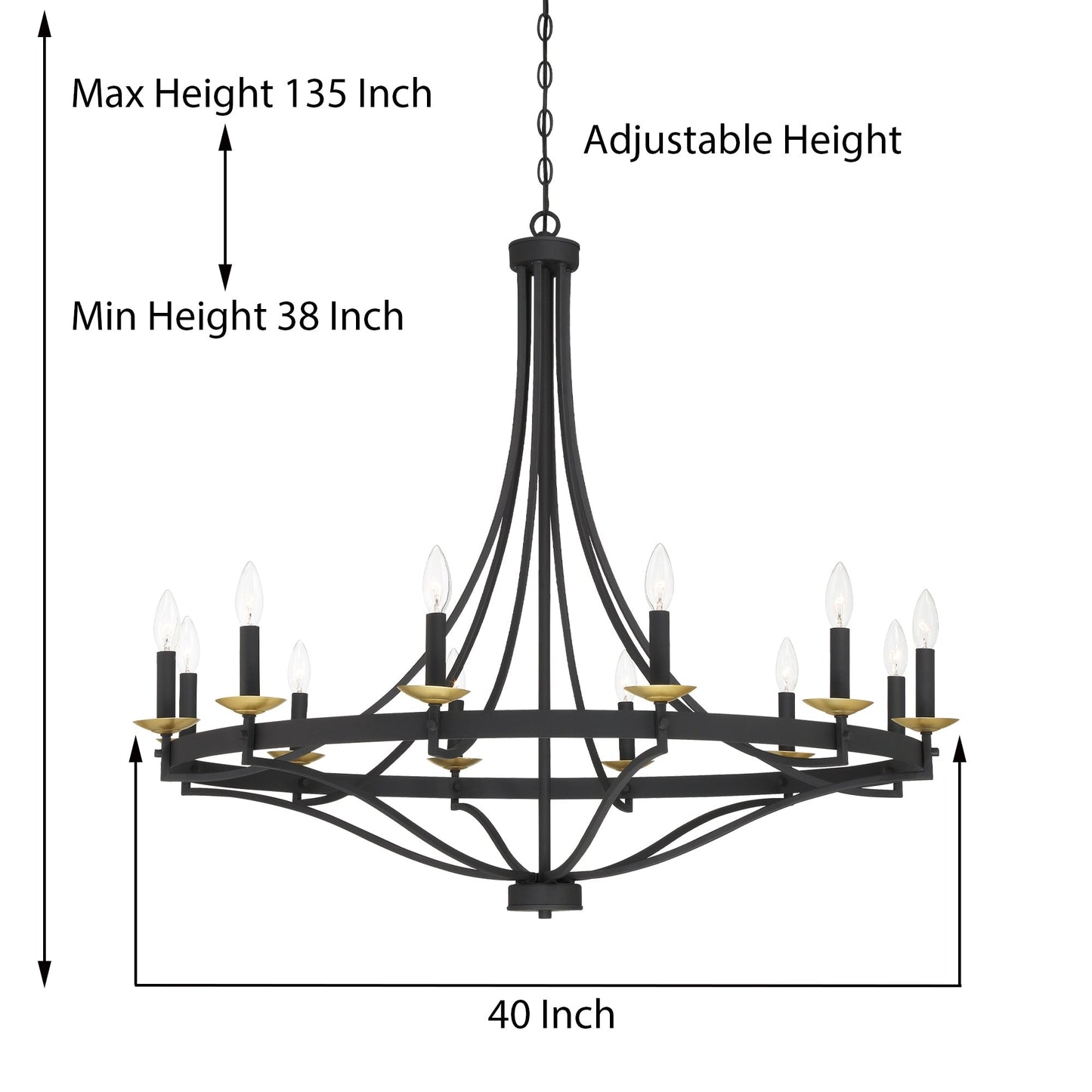 Luminaire à 12 lumières Fidenza, style ferme moderne, en forme de roue de chariot d'empire, avec certification UL - Diamètre 40'' * Hauteur 135''