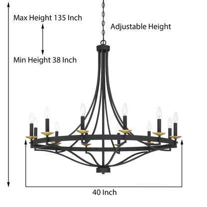 Luminaire à 12 lumières Fidenza, style ferme moderne, en forme de roue de chariot d'empire, avec certification UL - Diamètre 40'' * Hauteur 135''