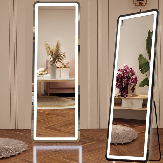 Grand miroir mural avec éclairage LED, miroir pleine longueur 64 x 21 pouces avec support, miroir suspendu, miroir mural, miroir pour corps entier.