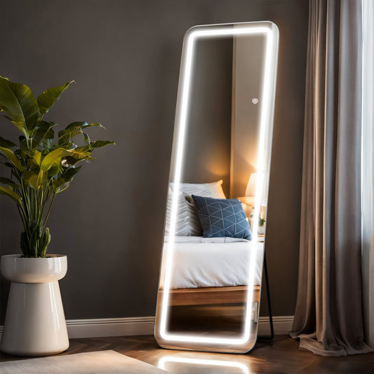 Grand miroir de sol avec éclairage LED, miroir pleine longueur 64 x 21 pouces avec support, miroir mural suspendu, miroir corps entier.