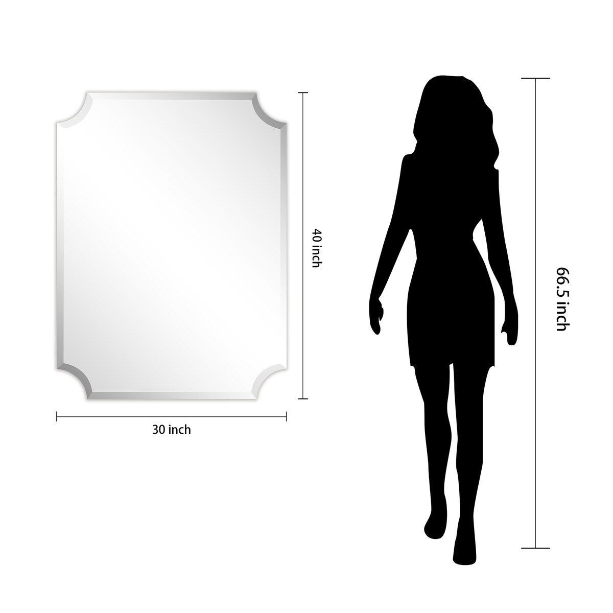 Miroir mural rectangulaire sans cadre, à bords évasés et biseautés, pour salle de bain, meuble-lavabo, chambre à coucher, bord biseauté de 1 côté - Transparent