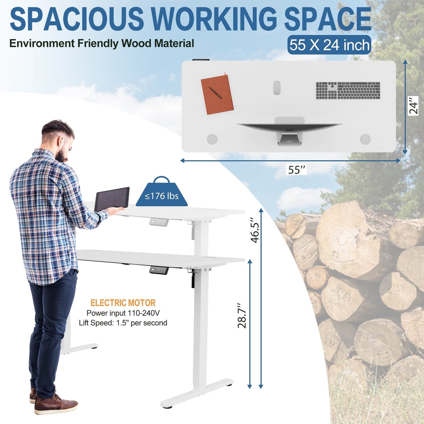Bureau debout électrique réglable en hauteur Futzca, bureau informatique avec plateau de séparation