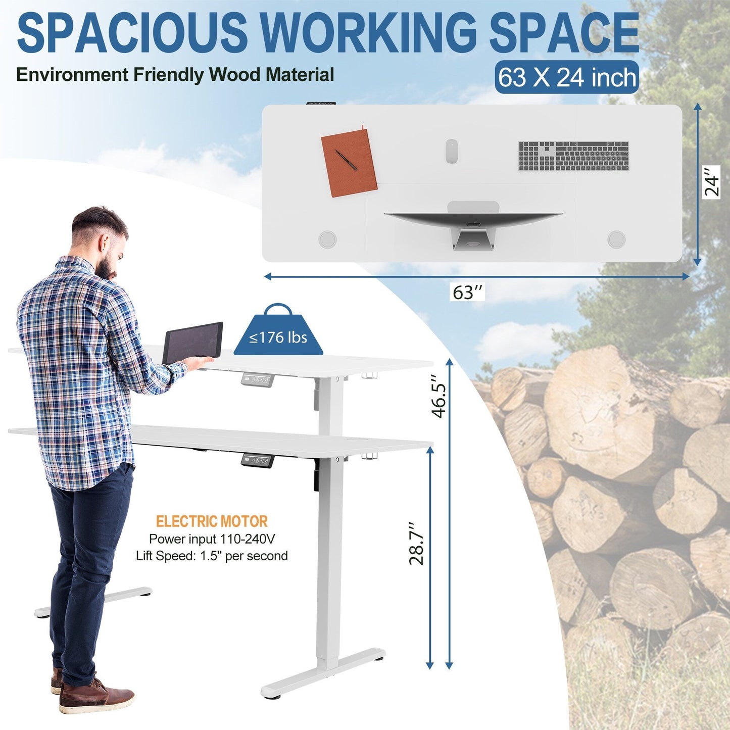 Bureau debout électrique réglable en hauteur Futzca, bureau informatique avec plateau de séparation