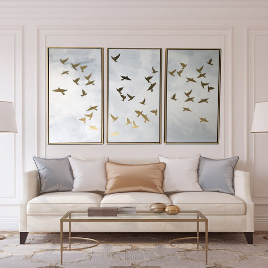 Impression sur toile dorée en relief, ensemble de 3 pièces, représentant des oiseaux dorés, pour décoration murale.