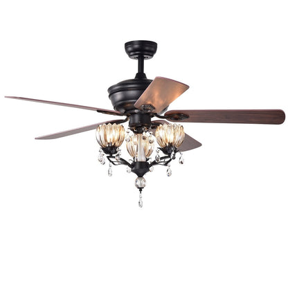 Ventilateur de plafond avec éclairage Garlow noir mat à 5 pales et lustre à coupelles en forme de fleur de cristal (avec télécommande) - Diamètre de 52 pouces