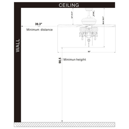 Ventilateur de plafond avec éclairage Garlow noir mat à 5 pales et lustre à coupelles en forme de fleur de cristal (avec télécommande) - Diamètre de 52 pouces
