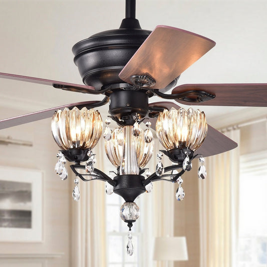Ventilateur de plafond avec éclairage Garlow noir mat à 5 pales et lustre à coupelles en forme de fleur de cristal (avec télécommande) - Diamètre de 52 pouces