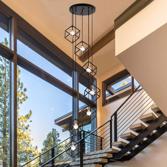 Suspension géométrique pour escalier, hauteur réglable, 5 ou 7 lumières.