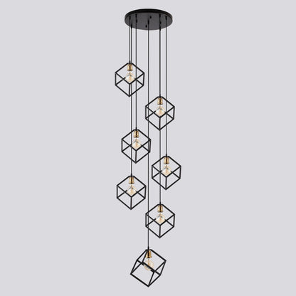 Suspension géométrique pour escalier, hauteur réglable, 5 ou 7 lumières.