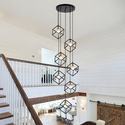Suspension géométrique pour escalier, hauteur réglable, 5 ou 7 lumières.