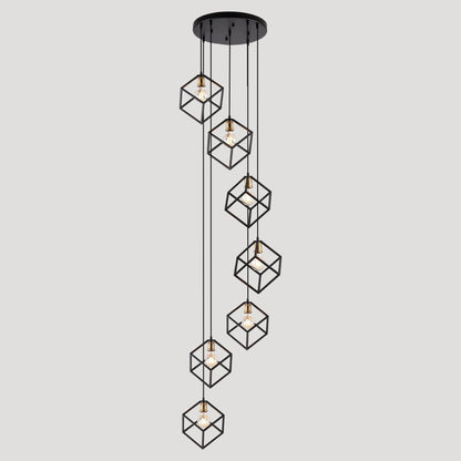 Suspension géométrique pour escalier, hauteur réglable, 5 ou 7 lumières.