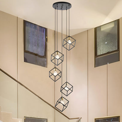 Suspension géométrique pour escalier, hauteur réglable, 5 ou 7 lumières.