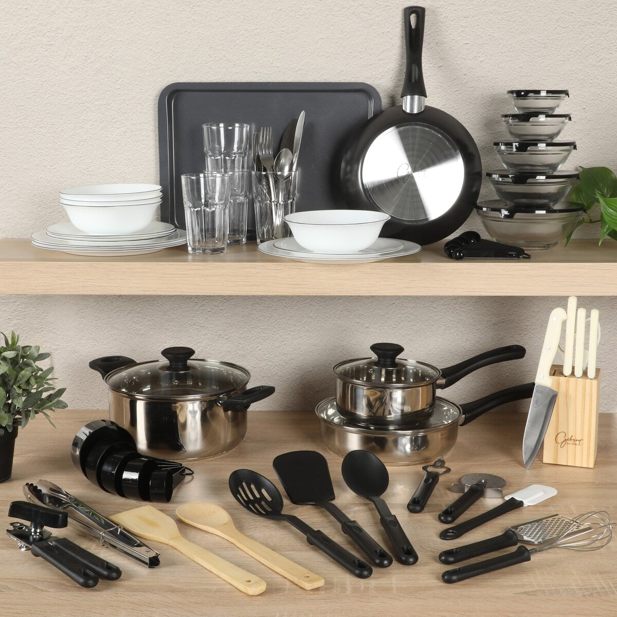 Ensemble de cuisine 74 pièces Gibson Home : ustensiles de cuisine, vaisselle, couverts, ustensiles et gadgets, rangement et verrerie
