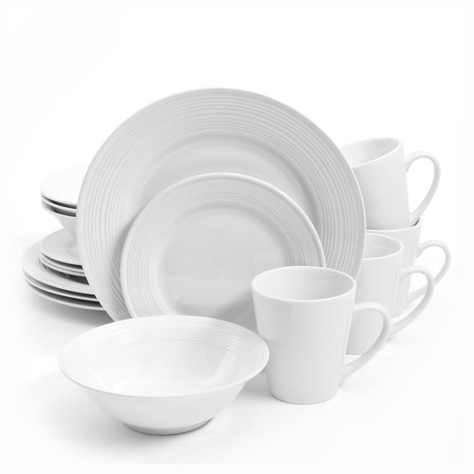 Service de table en céramique Gibson Home Embossed Buffet, 16 pièces, blanc.