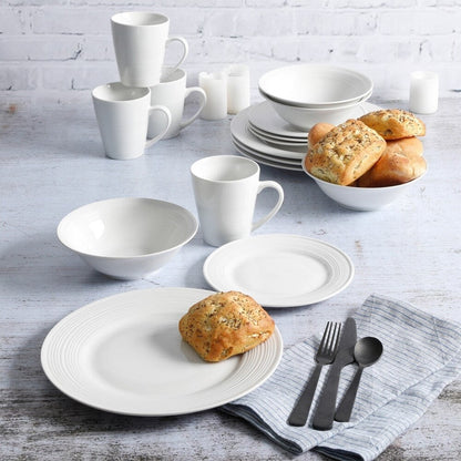 Service de table en céramique Gibson Home Embossed Buffet, 16 pièces, blanc.