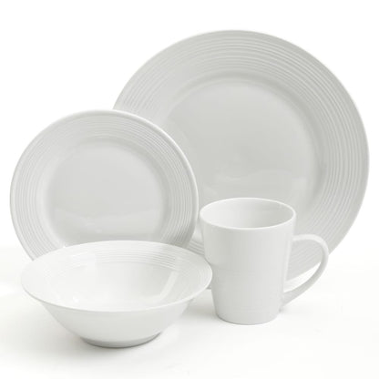 Service de table en céramique Gibson Home Embossed Buffet, 16 pièces, blanc.