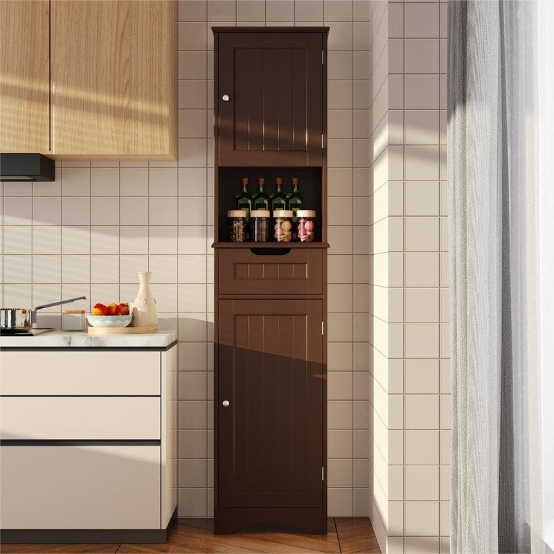 Armoire à linge de salle de bain étroite de 170 cm de hauteur, armoire de rangement autoportante en bois massif à 5 niveaux.