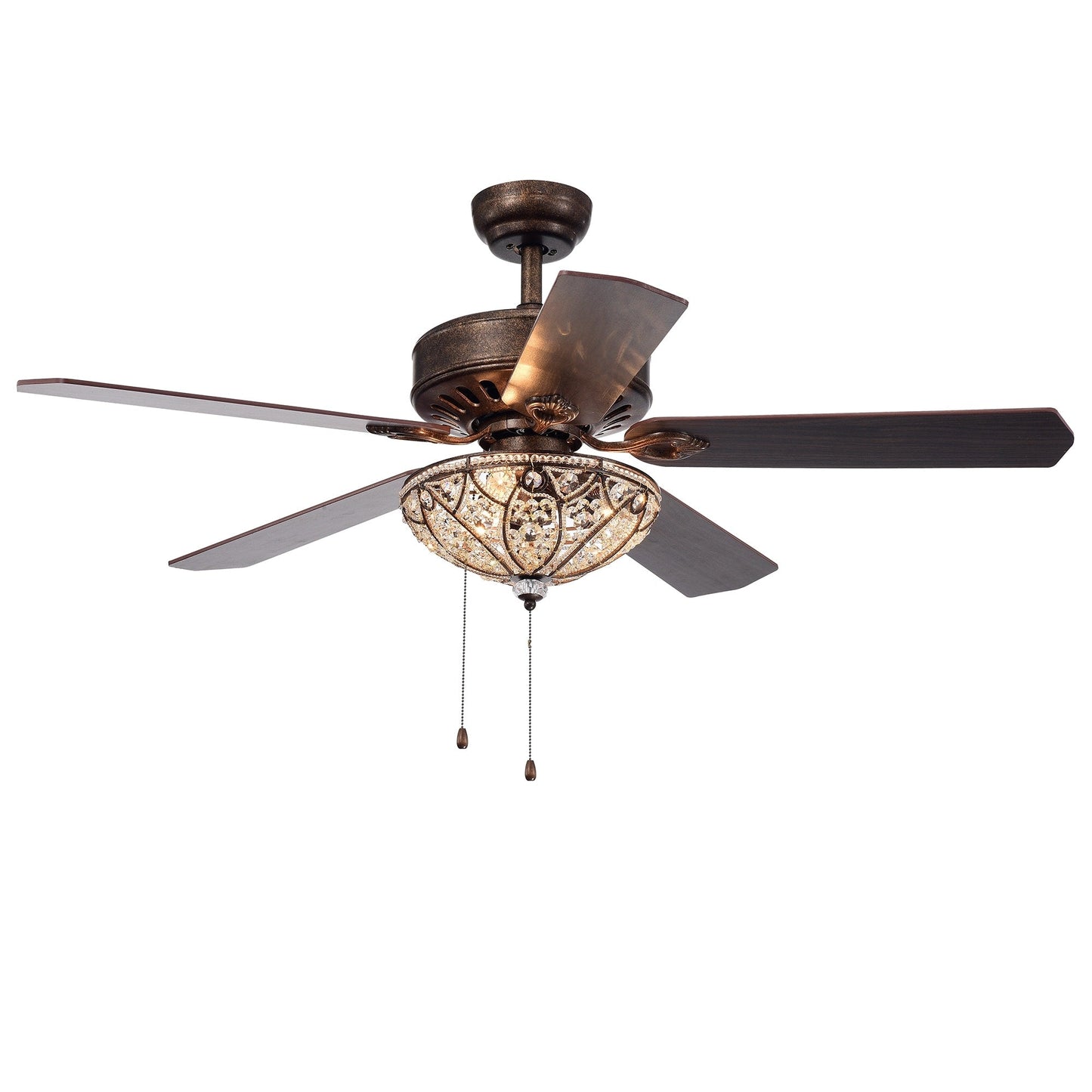 Ventilateur de plafond à 5 pales avec éclairage, bronze rustique, abat-jour en cristal, modèle Gliska.