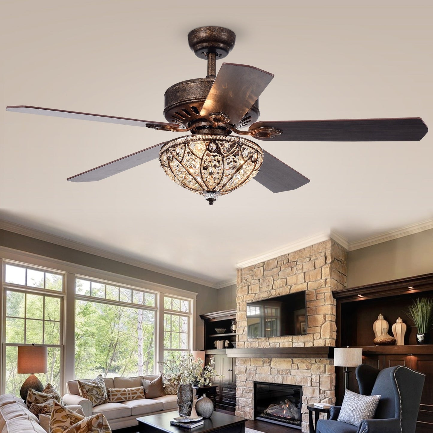 Ventilateur de plafond à 5 pales avec éclairage, bronze rustique, abat-jour en cristal, modèle Gliska.