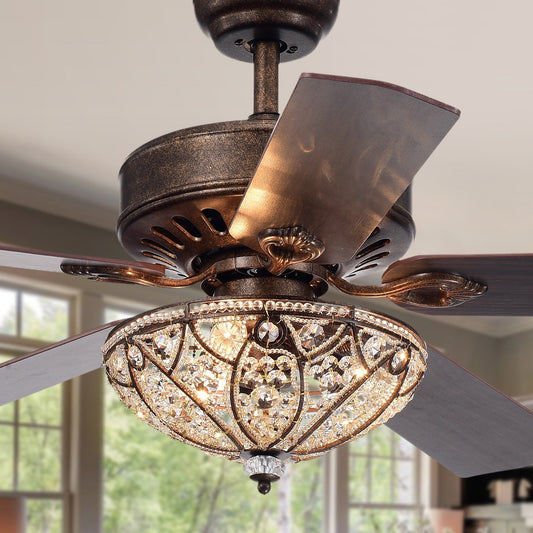 Ventilateur de plafond à 5 pales avec éclairage, bronze rustique, abat-jour en cristal, modèle Gliska.