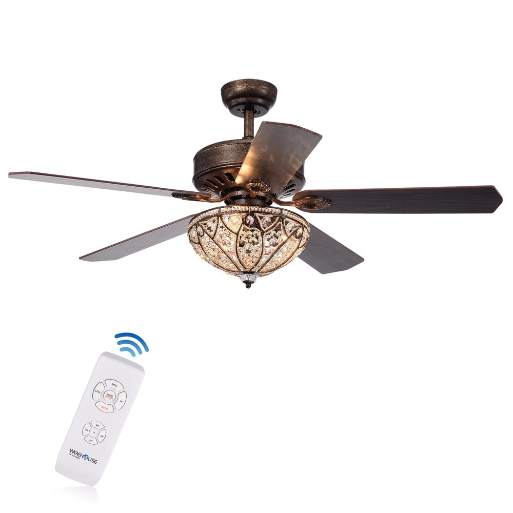 Ventilateur de plafond à 5 pales avec éclairage, bronze rustique, abat-jour en cristal, modèle Gliska.