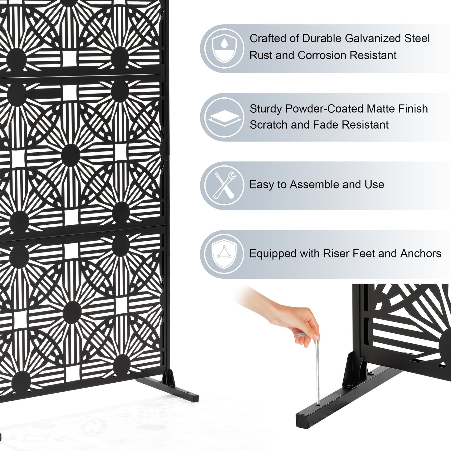 Glitzhome Écran de séparation de pièce, cloison amovible, 3 panneaux, motif floral galvanisé, 1,8 m (6 pieds)
