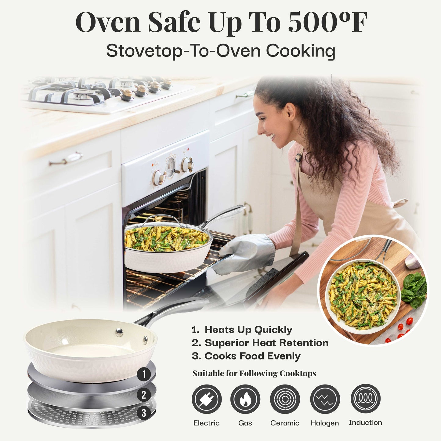 Ensemble de casseroles et poêles Gotham Steel Hammered Cream 15 pièces, revêtement céramique ultra antiadhésif, avec ustensiles.