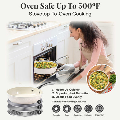 Ensemble de casseroles et poêles Gotham Steel Hammered Cream 15 pièces, revêtement céramique ultra antiadhésif, avec ustensiles.