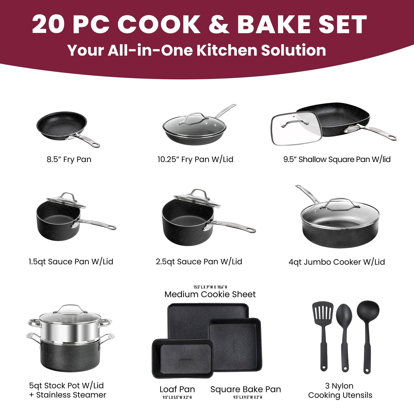 Ensemble de casseroles, poêles, ustensiles de cuisine et de pâtisserie antiadhésifs Granitestone 20 pièces