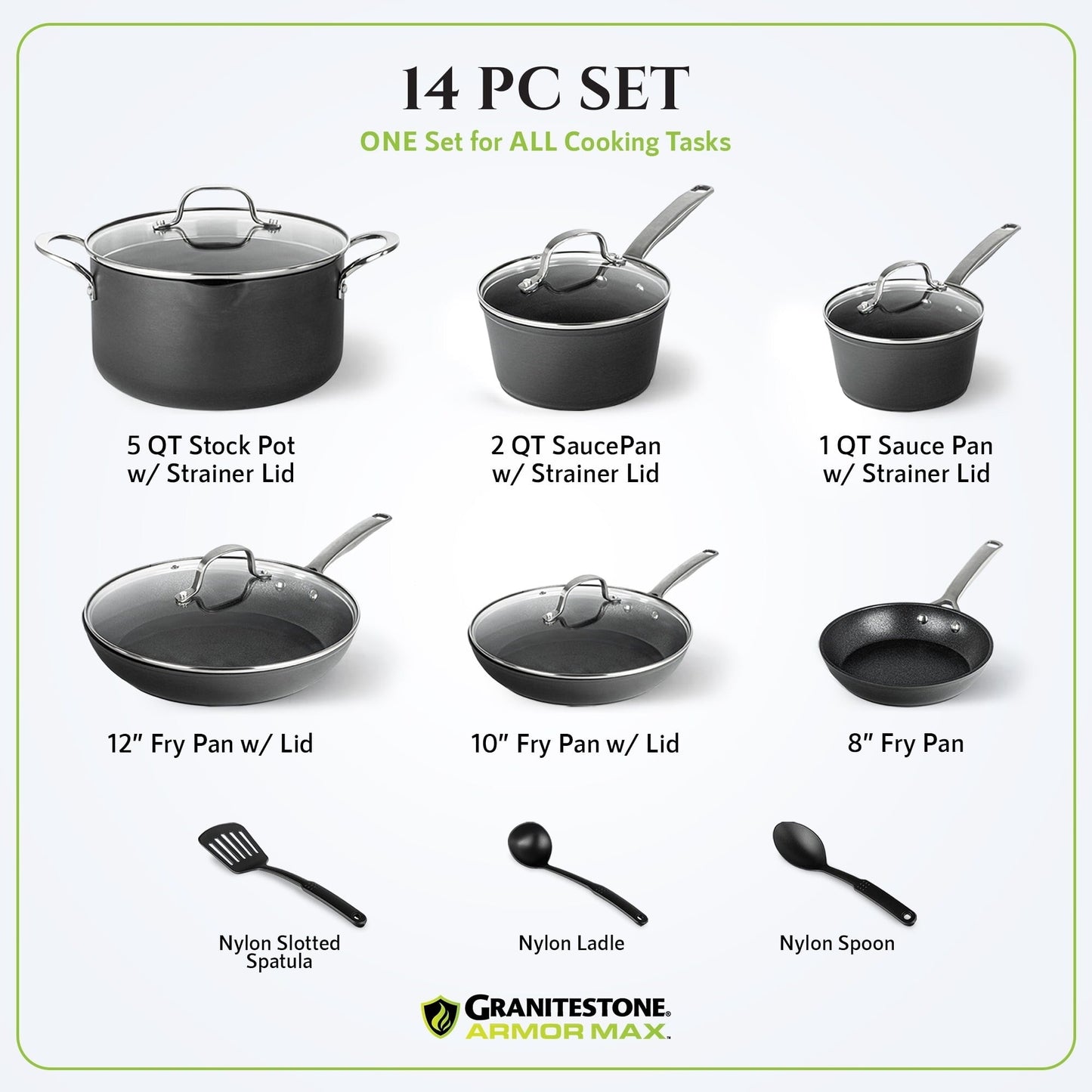 Ensemble de cuisine Granitestone Armor Max 14 pièces en acier anodisé dur.